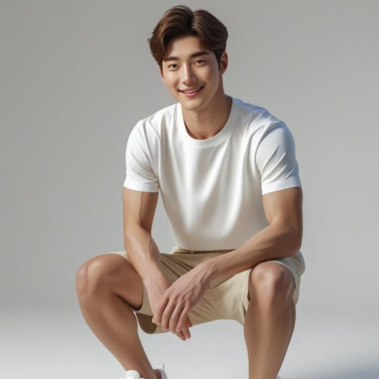 깔끔하게 티와 바지를 입은 한국남성
